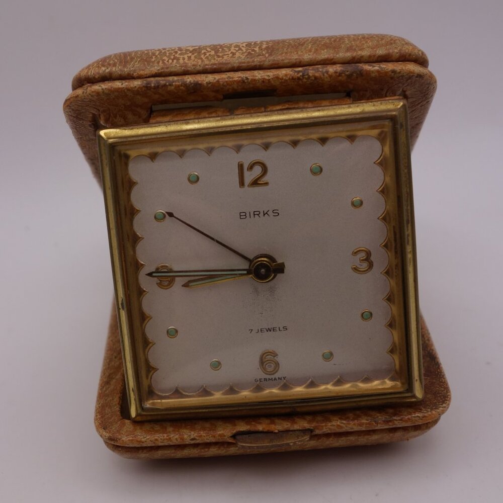 Vintage Birks 7 Jewels Germany Genuine Leather Travel Alarm Clock Still Ticking